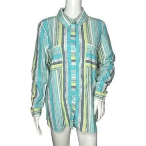 Appleseeds Shirt Womens Large Blue Green White Striped Button Up‎ Blouse Casual